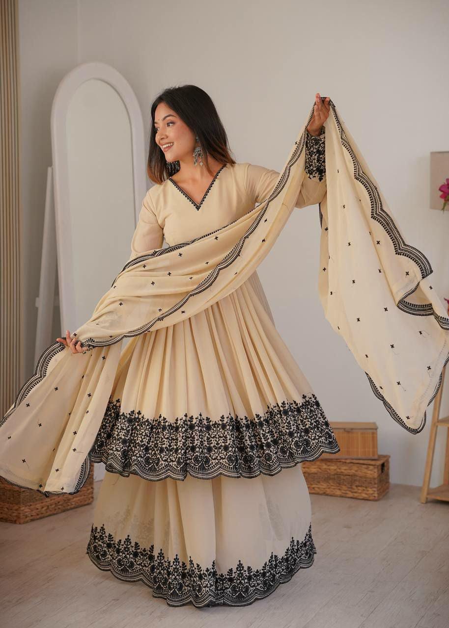 Embroidered Faux Georgette Kurta Set with Palazzo and Dupatta, Festive Indian Ethnic Wear