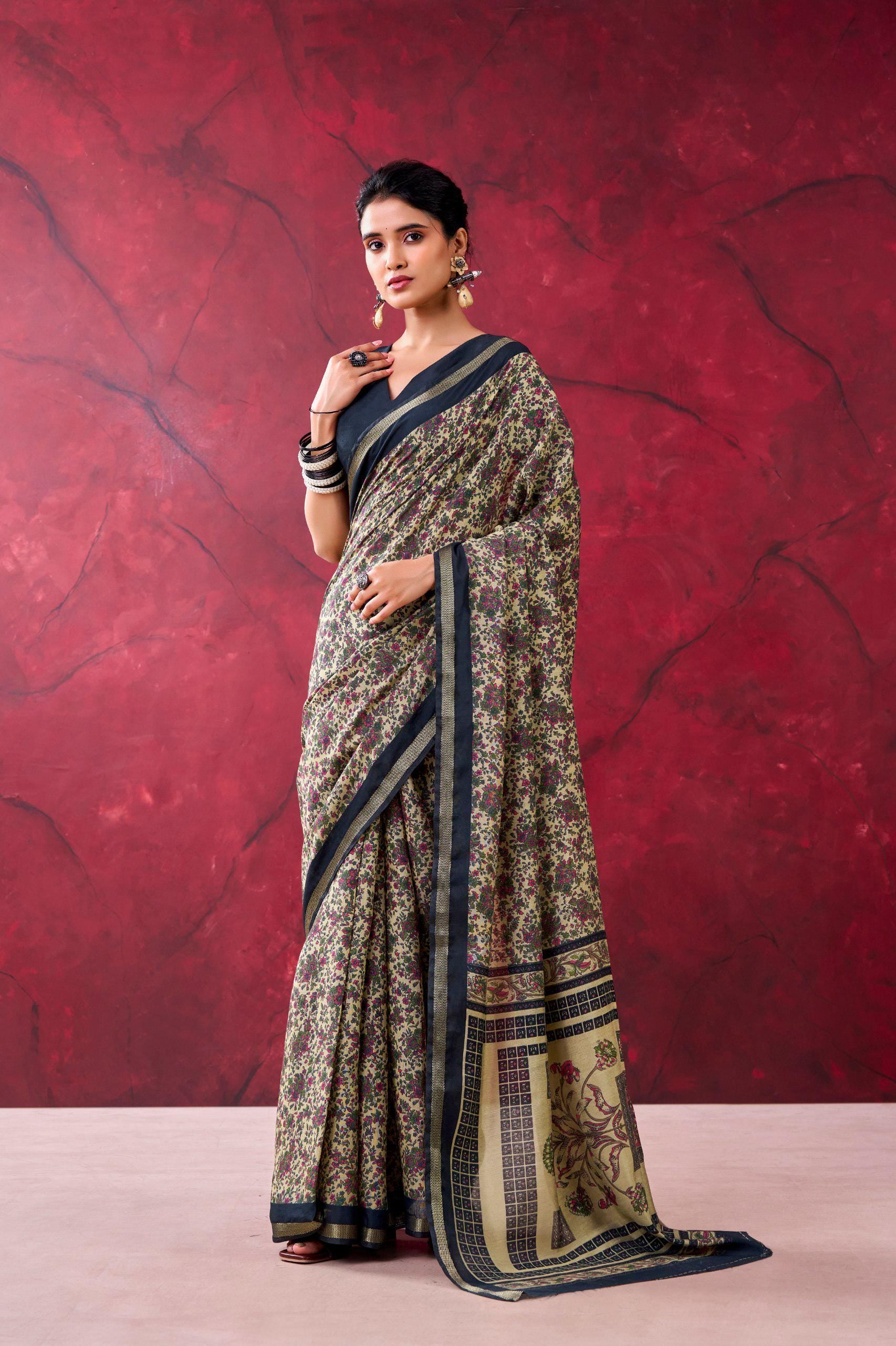 Polyester Viscose Chanderi Saree, Zari Weaving Print, Traditional Indian Party Wear (Unstitched Blouse)