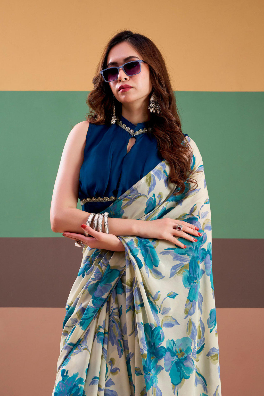 Satin Silk Floral Saree with Stitched Natural Silk Blouse, Indian Festive Party Wear