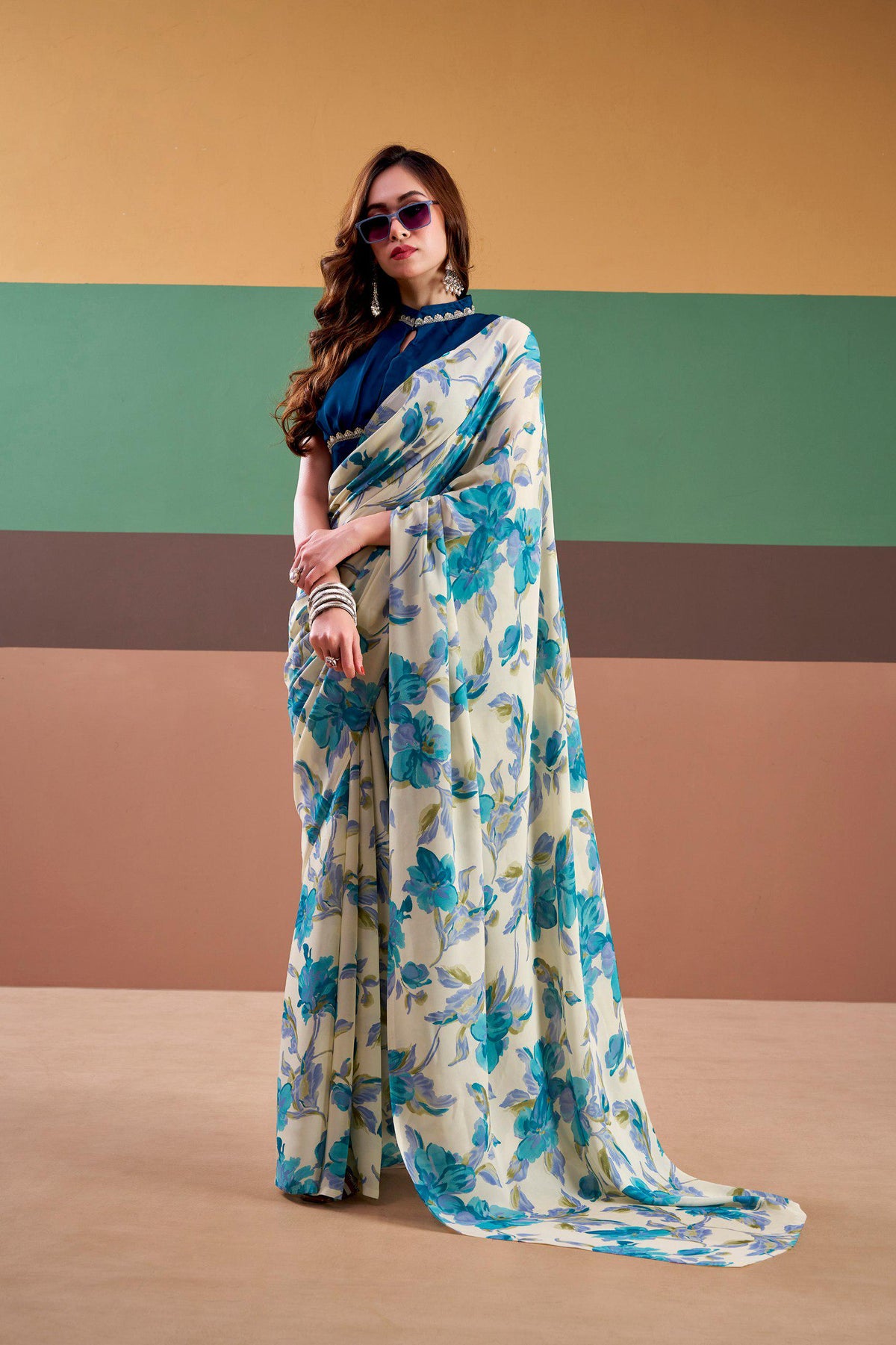 Satin Silk Floral Saree with Stitched Natural Silk Blouse, Indian Festive Party Wear