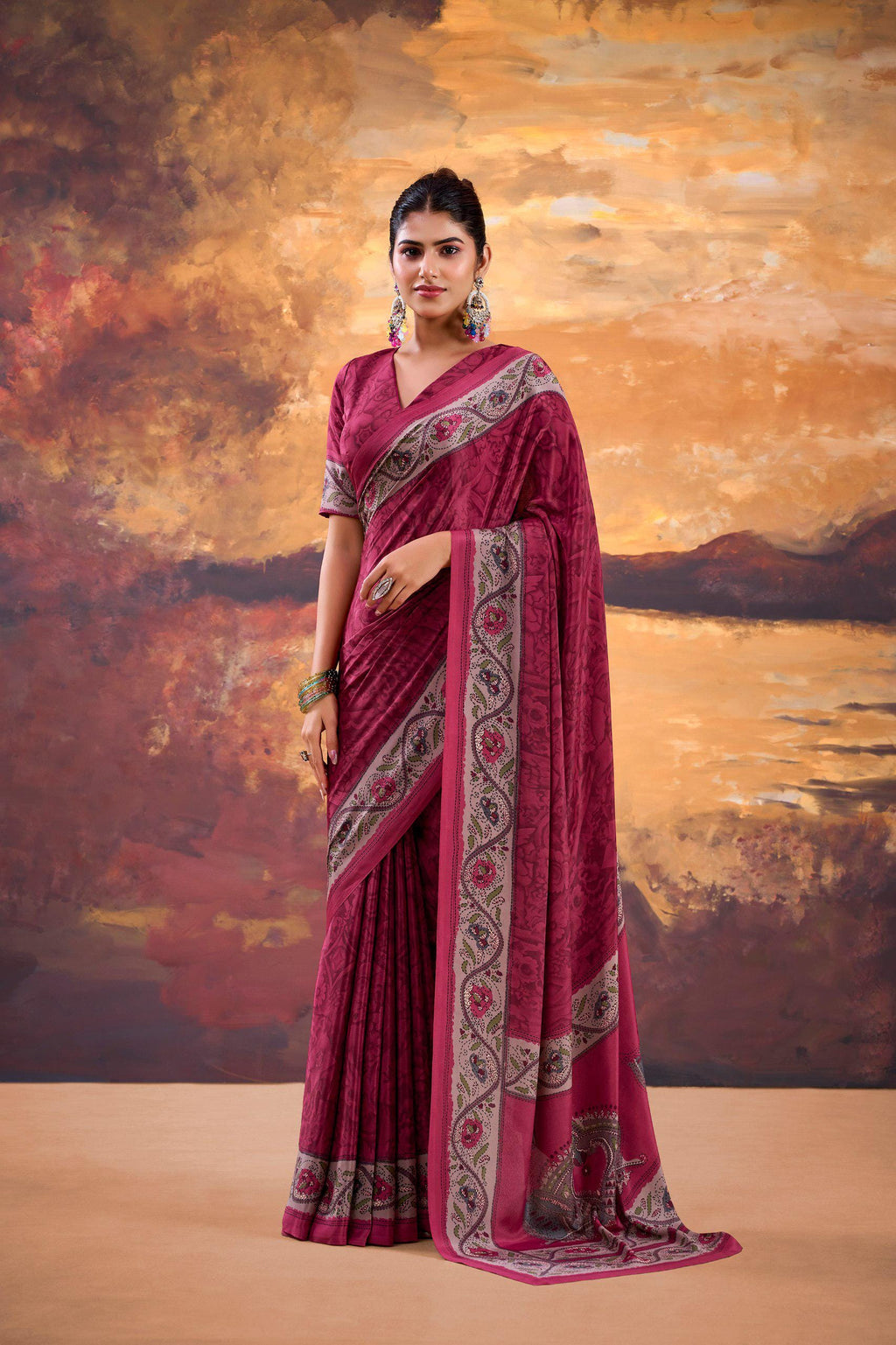 Crepe Printed Saree with Unstitched Blouse, Lightweight Festive Party Wear