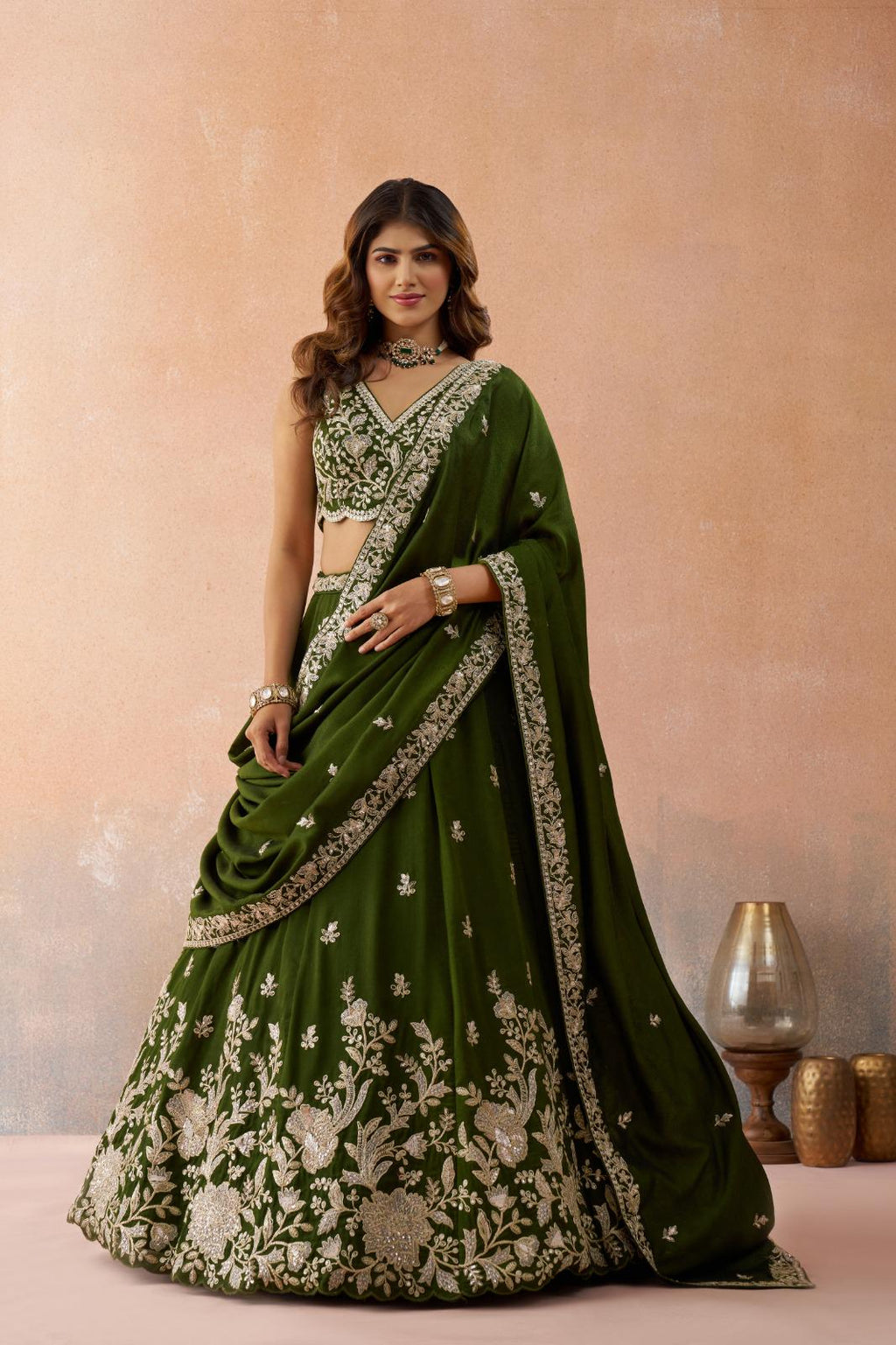 Olive Tissue Lehenga Choli Set, Sequins Zari Embroidery, Bridal Party Wear
