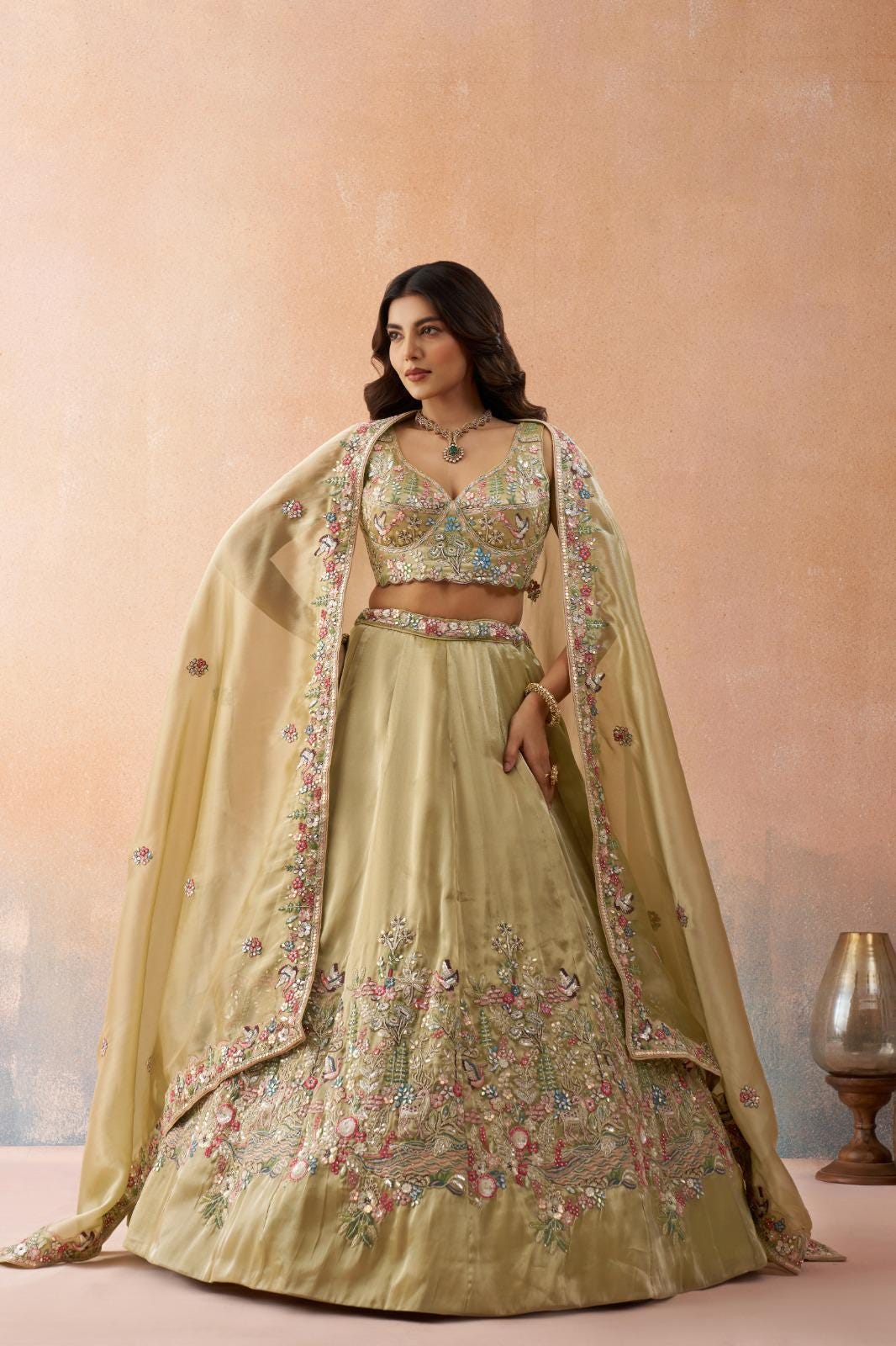 Beige Tissue Lehenga Choli, Heavy Sequins Zarkan Embroidery, Bridal Wedding Festive Set