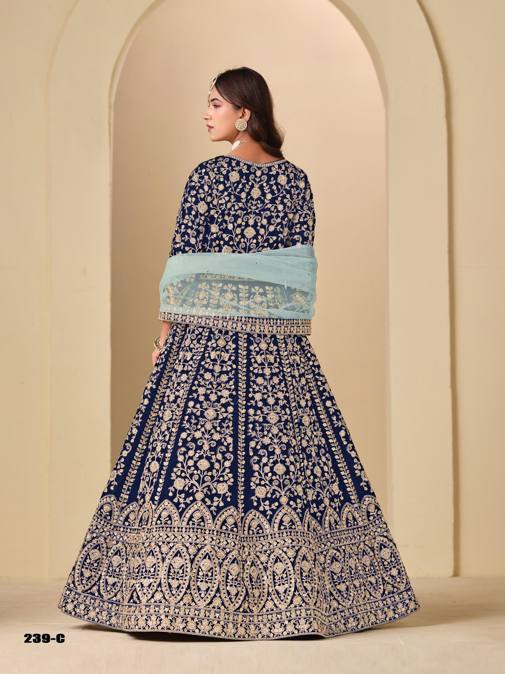 Velvet Embroidered Lehenga Set Net Dupatta, Heavy Work Outfit (Custom Stitch Up to 44)