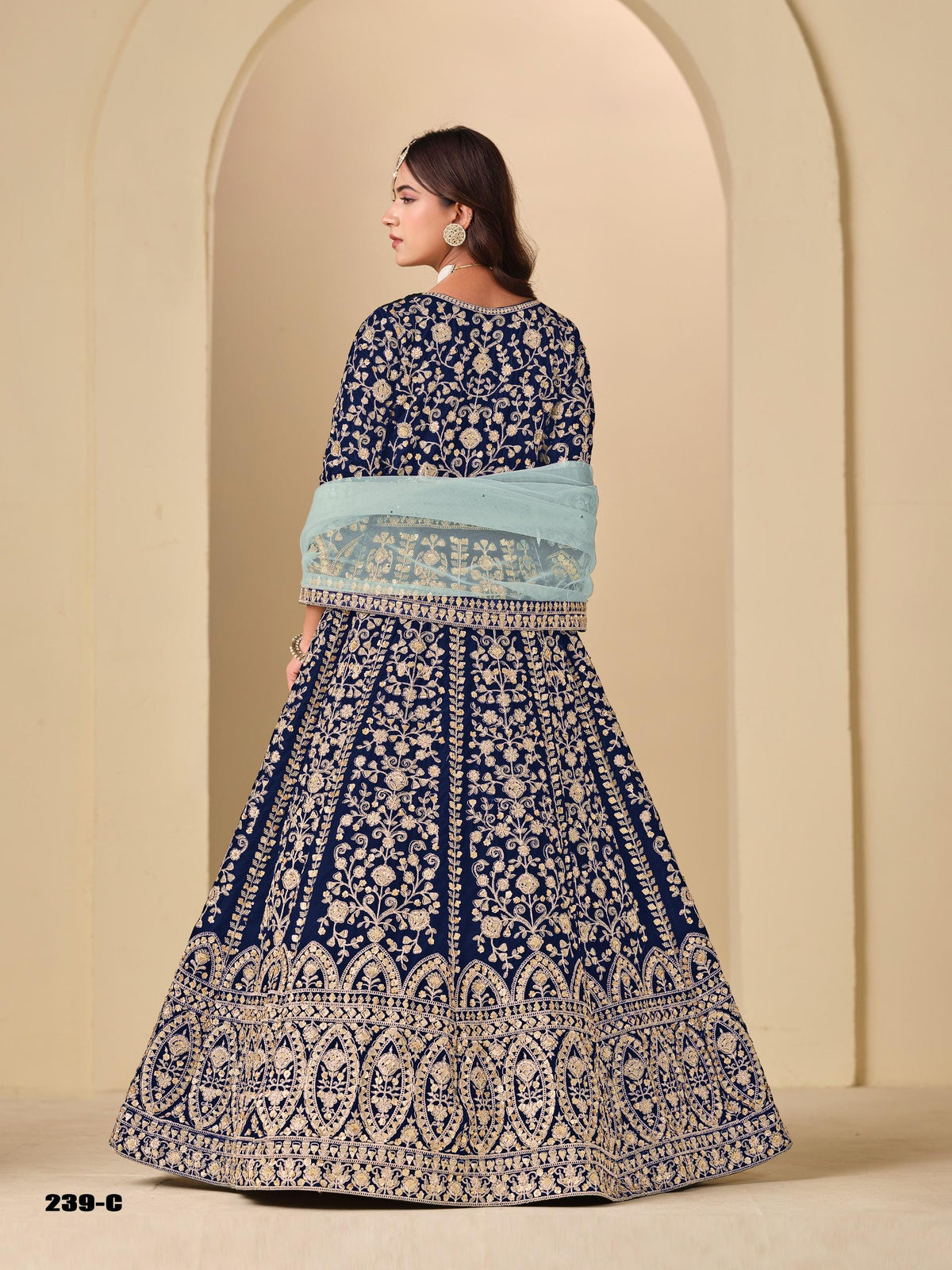 Velvet Embroidered Lehenga Set Net Dupatta, Heavy Work Outfit (Custom Stitch Up to 44)