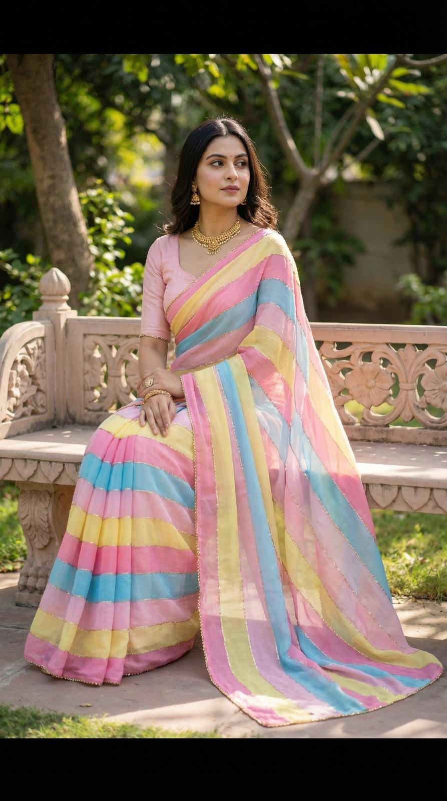 Soft Tabby Organza Saree, Multi Print, Beads Katdana Handwork Border, Jalpari Silk Blouse