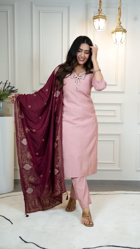Light Pink Roman Silk Suit Set, Handwork Jacquard Dupatta, Festive Ethnic Wear