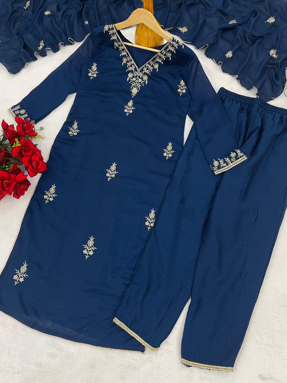 Vichitra Silk Embroidered Kurti Pant Set with Dupatta, Festive Ethnic Wear (M-3XL)
