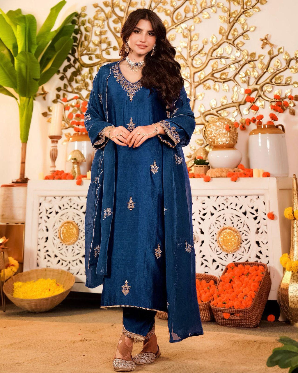 Vichitra Silk Embroidered Kurti Pant Set with Dupatta, Festive Ethnic Wear (M-3XL)