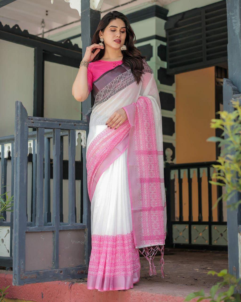 White Linen Cotton Saree, Pink Woven Border, Traditional Festive Wear, Designer Blouse Piece