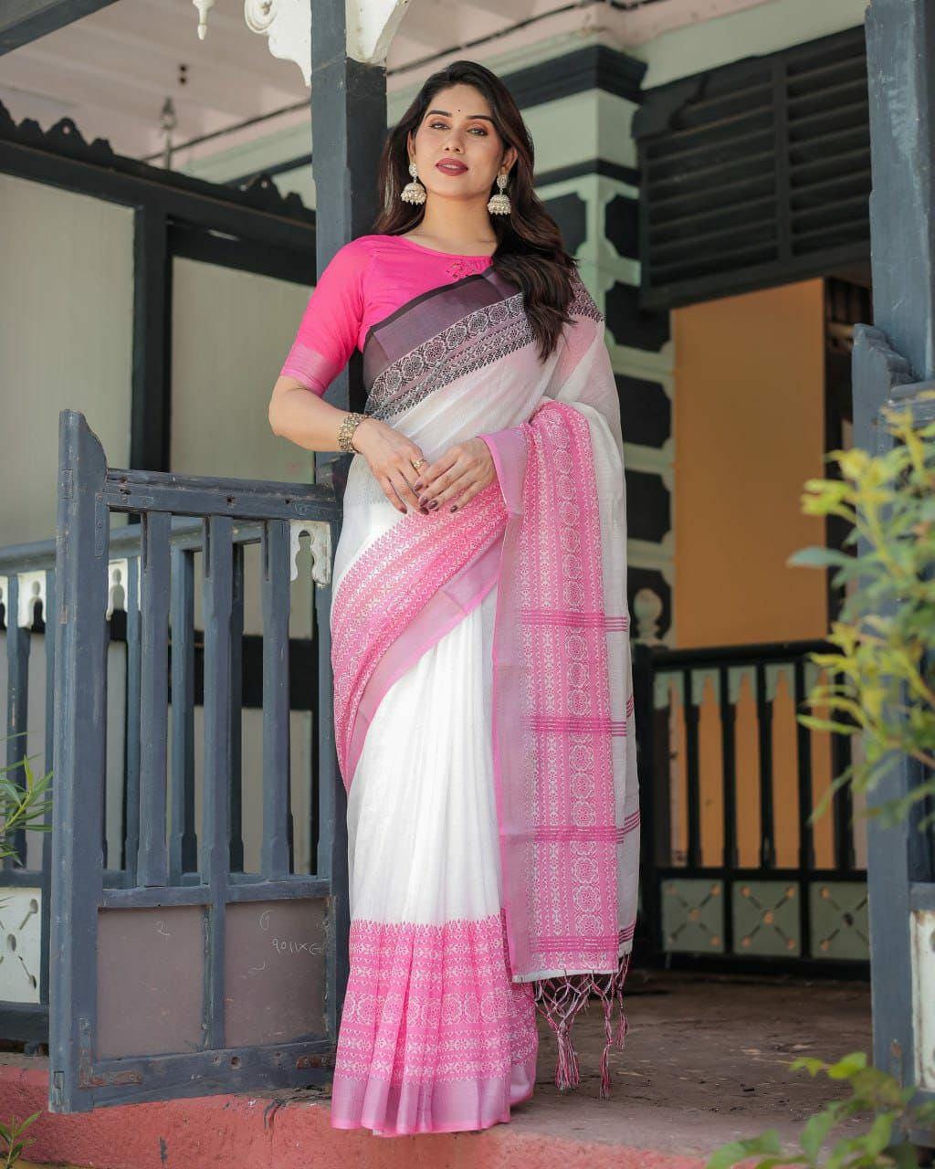 White Linen Cotton Saree, Pink Woven Border, Traditional Festive Wear, Designer Blouse Piece