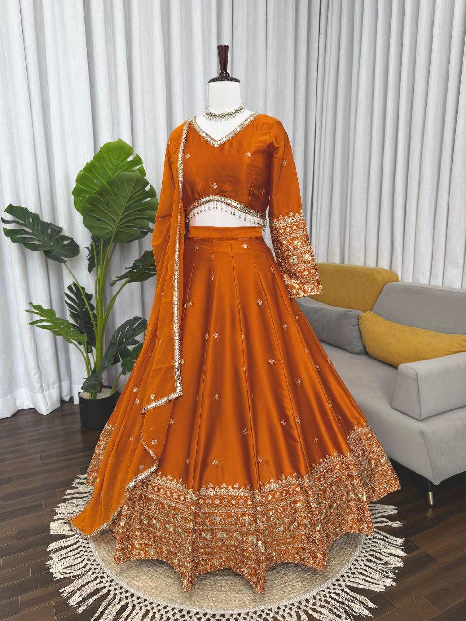 Japan Satin Lehenga Set, Sequin Thread Work, Festive Wedding Wear Stitched (Up to 44)