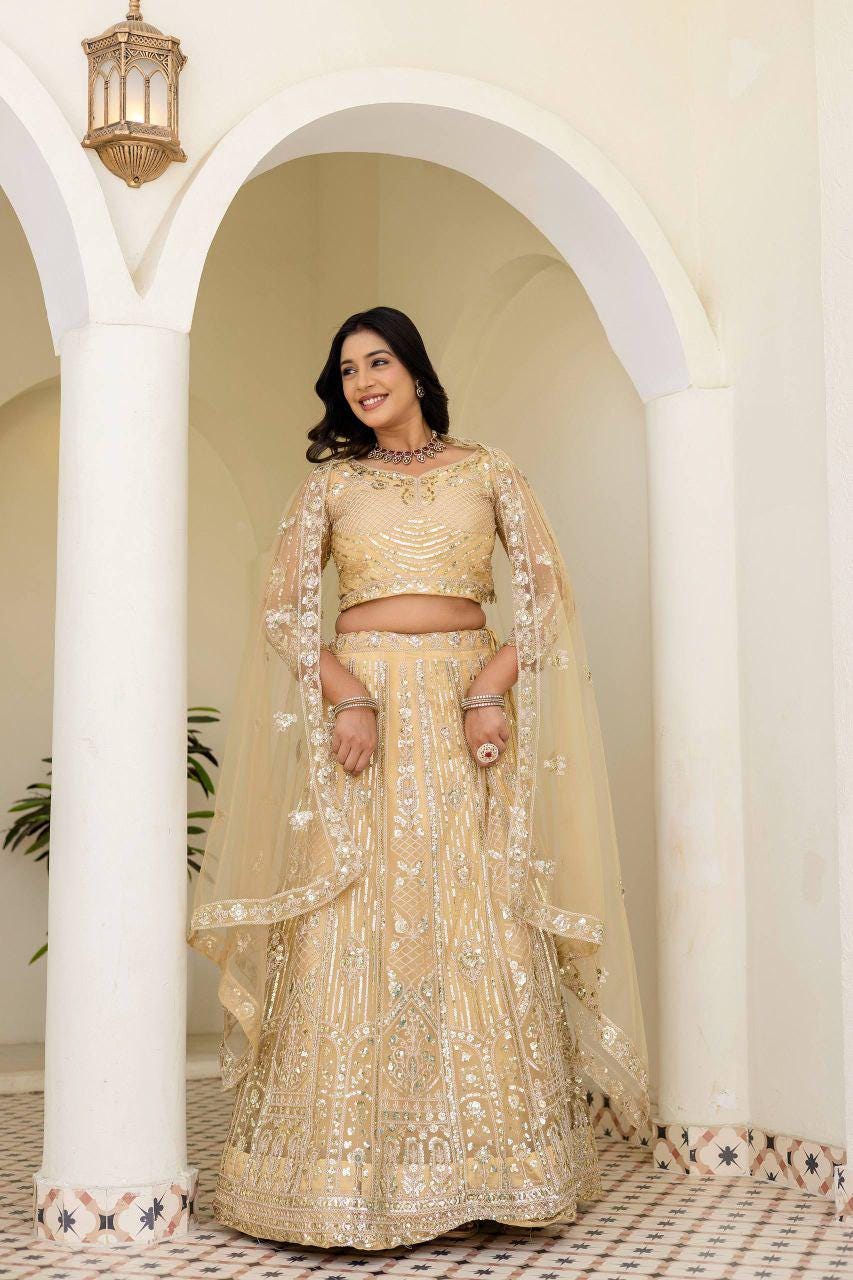 Butterfly Net Lehenga Set, Sequins Cording Embroidery, Bridal Wedding Festive Wear