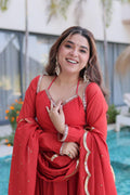 Mul Chanderi Anarkali Kurti Set, Mirror Lace Work, Roman Silk Pant, Embroidered Dupatta