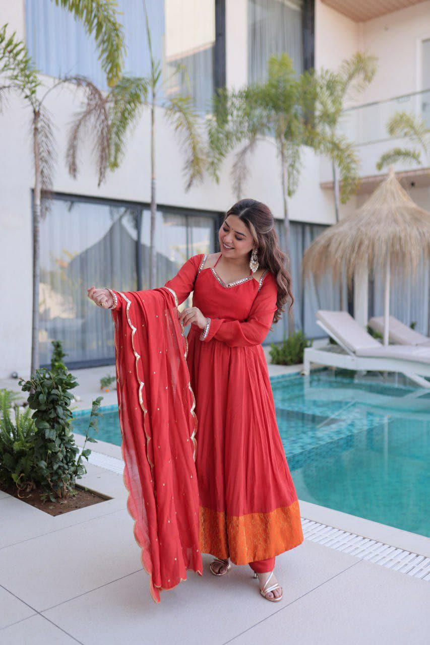 Mul Chanderi Anarkali Kurti Set, Mirror Lace Work, Roman Silk Pant, Embroidered Dupatta