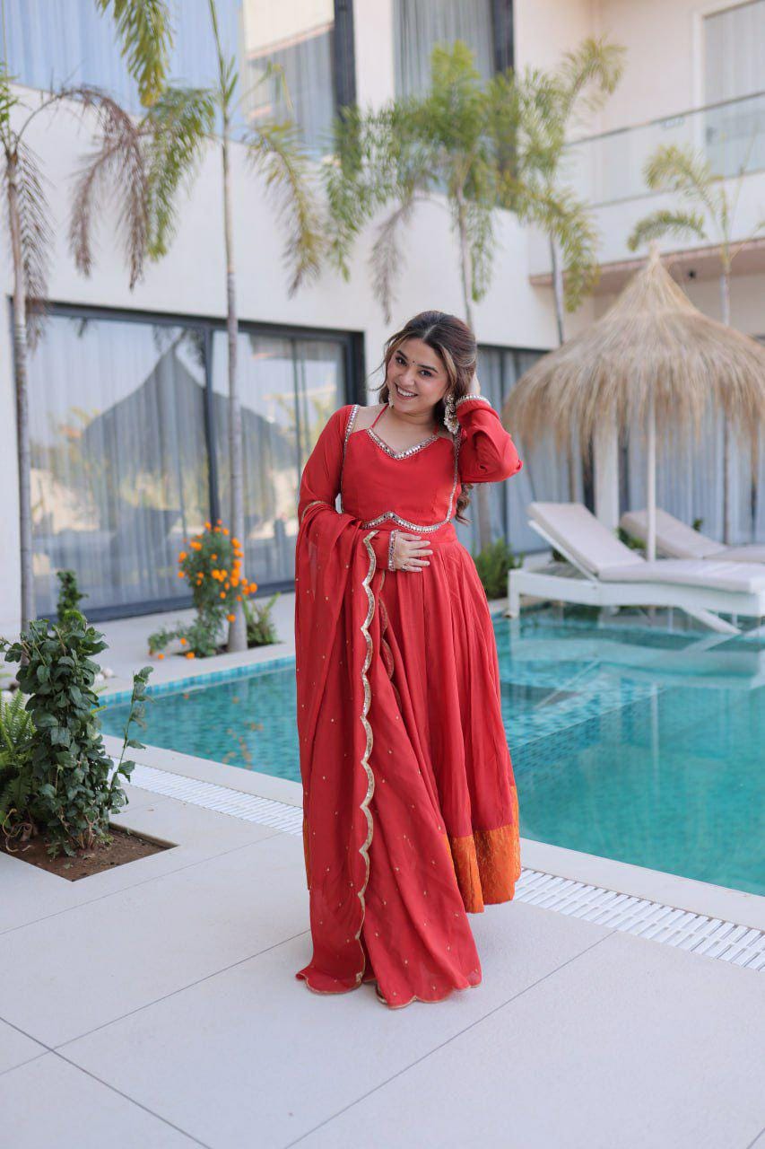 Mul Chanderi Anarkali Kurti Set, Mirror Lace Work, Roman Silk Pant, Embroidered Dupatta