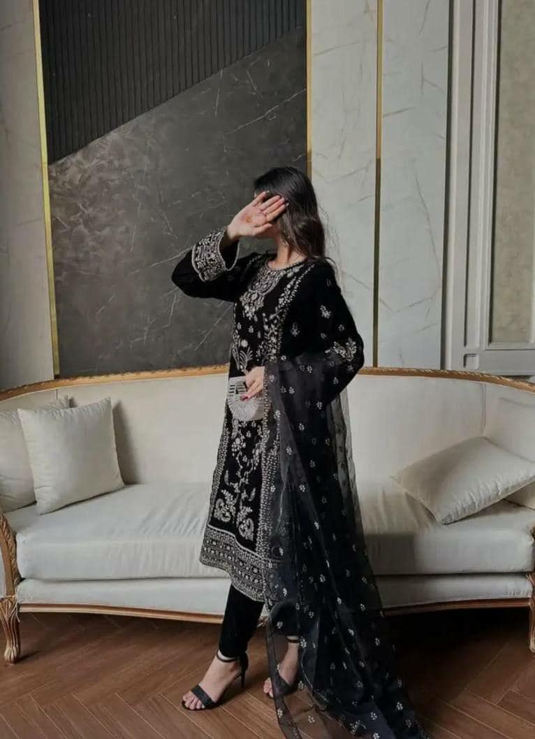 Korean Satin Silk Suit Set, Sequin Embroidery Kurta Pant, Organza Dupatta, Festive Wear