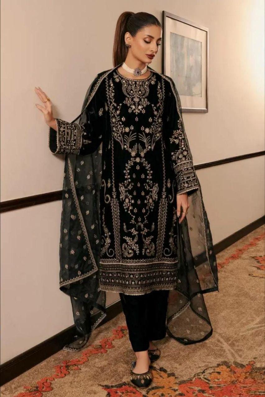 Korean Satin Silk Suit Set, Sequin Embroidery Kurta Pant, Organza Dupatta, Festive Wear