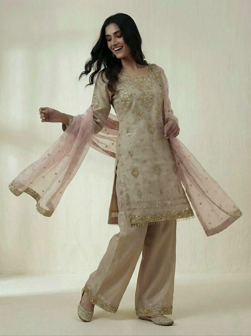 Pure GMY Silk Palazzo Suit Set, Sequin Embroidery, Festive Party Wear Kurta Dupatta