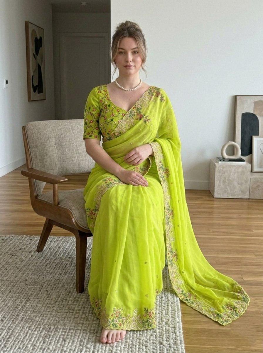 Zimmy Chu Silk Saree, Embroidered Butta, Cutwork Border, Wedding Designer Saree, Mono Banglory Blouse