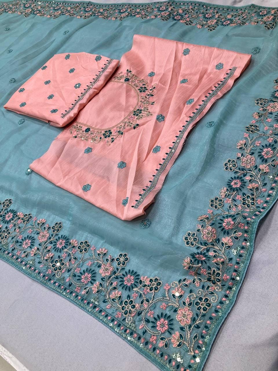 Crunchy Silk Saree, C-Pallu Embroidery, Cutwork Border, Heavy Blouse Piece
