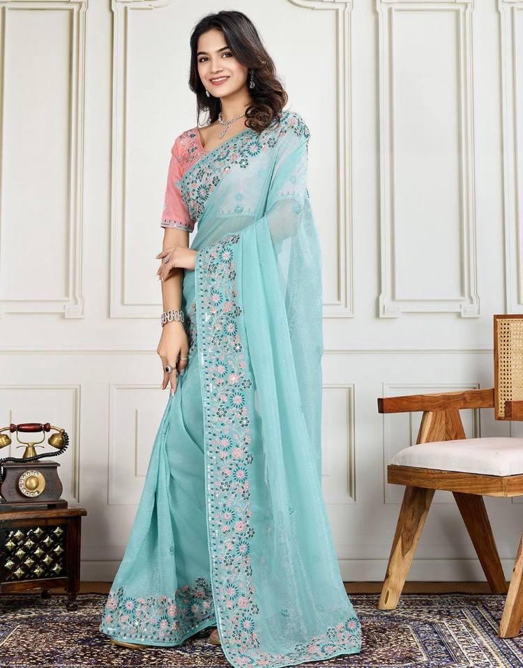 Crunchy Silk Saree, C-Pallu Embroidery, Cutwork Border, Heavy Blouse Piece