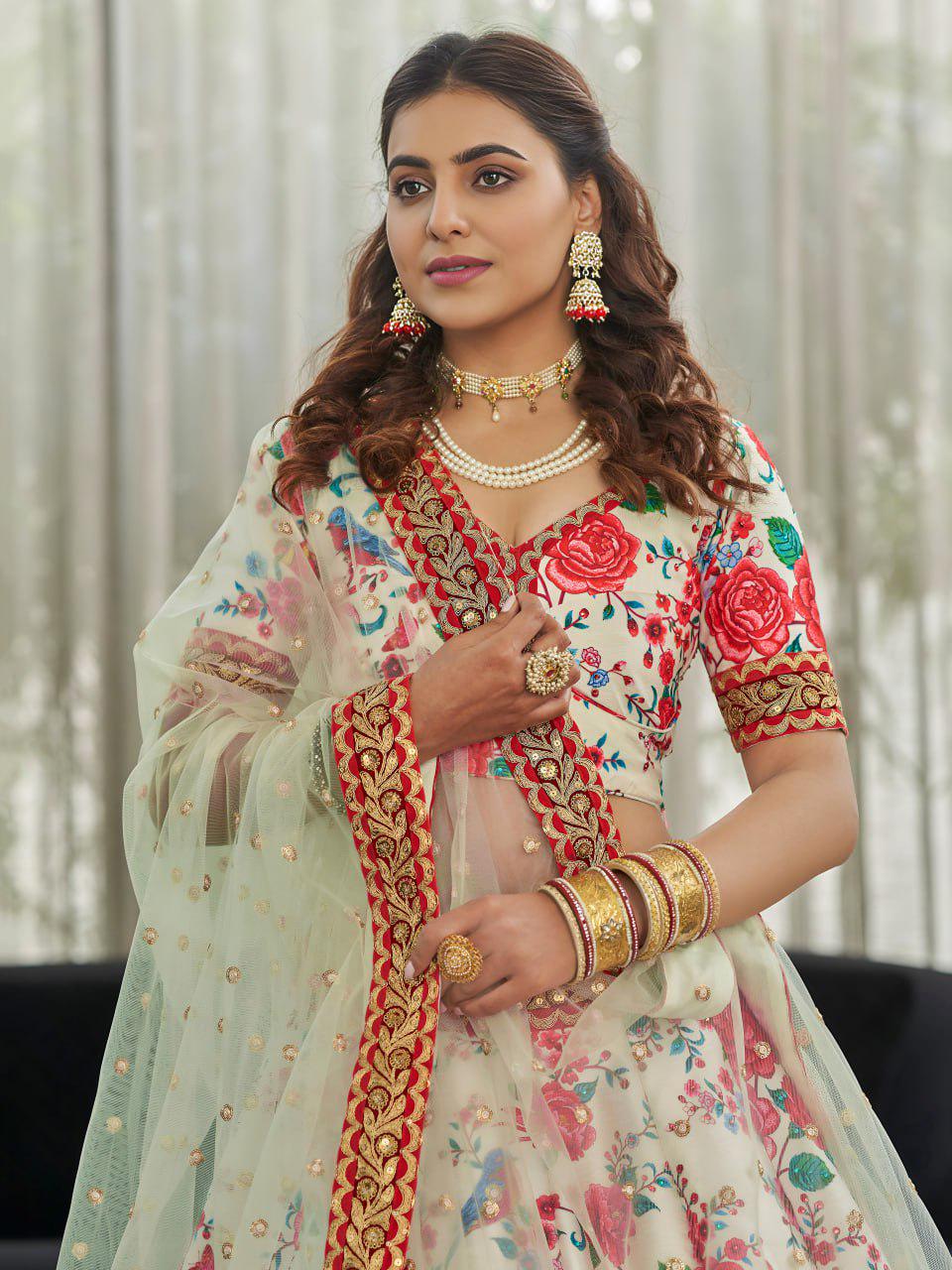 Ivory Floral Art Silk Lehenga Choli with Net Dupatta, Dori Zari Sequins Embroidery