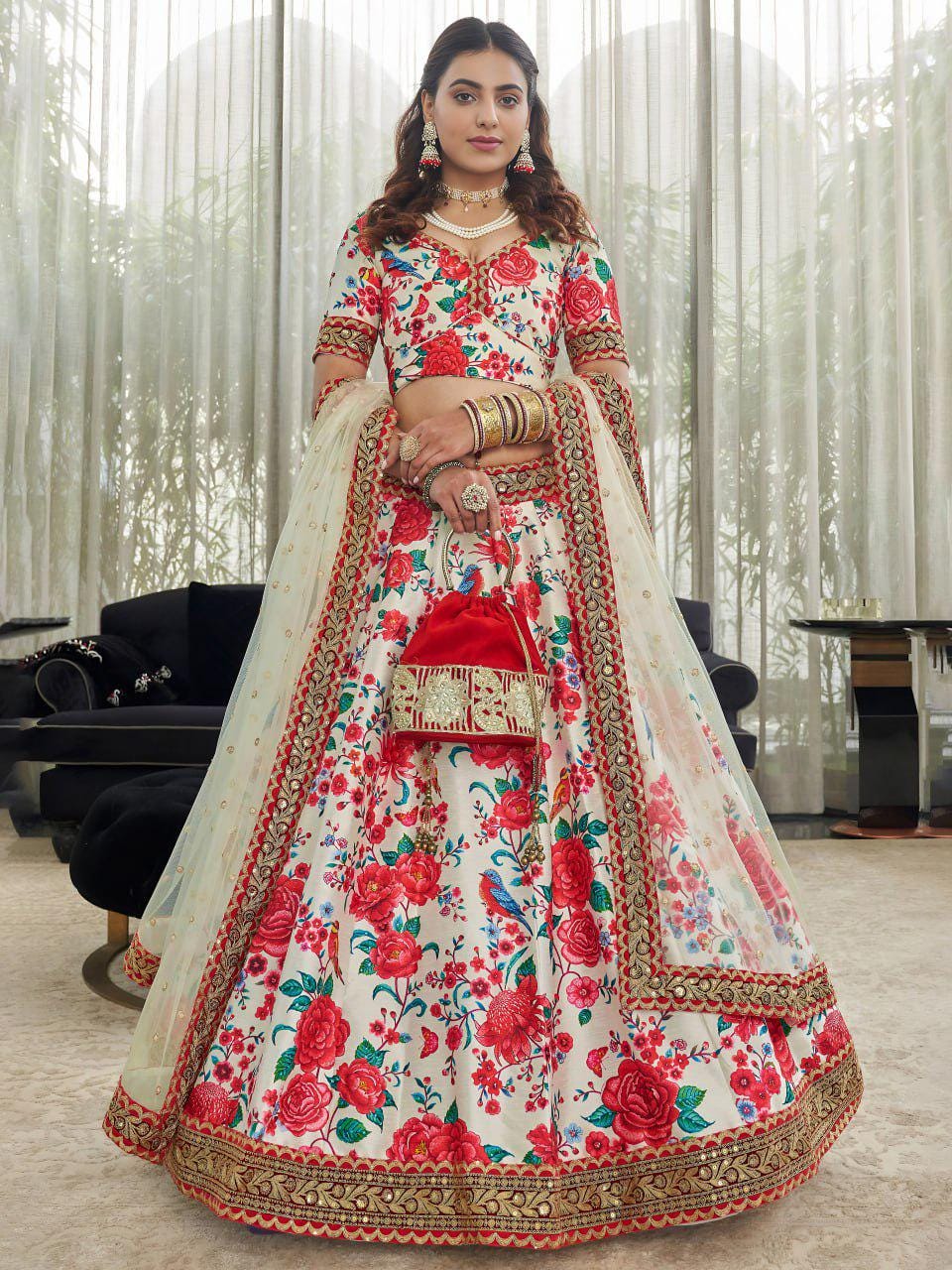 Ivory Floral Art Silk Lehenga Choli with Net Dupatta, Dori Zari Sequins Embroidery