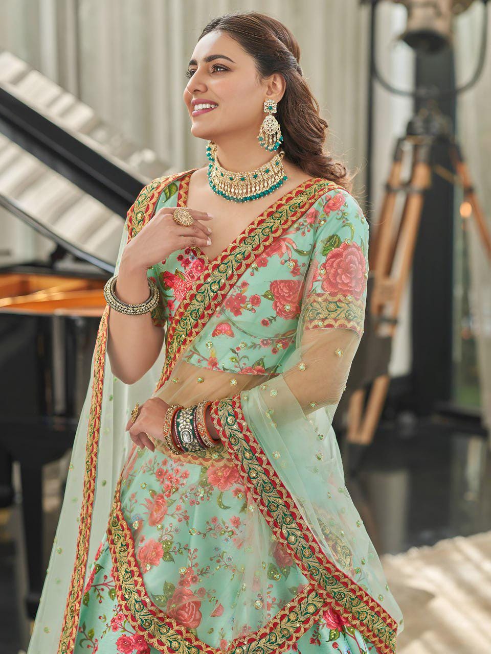 Mint Green Floral Art Silk Lehenga Choli Set, Dori Zari Sequins Embroidered Dupatta