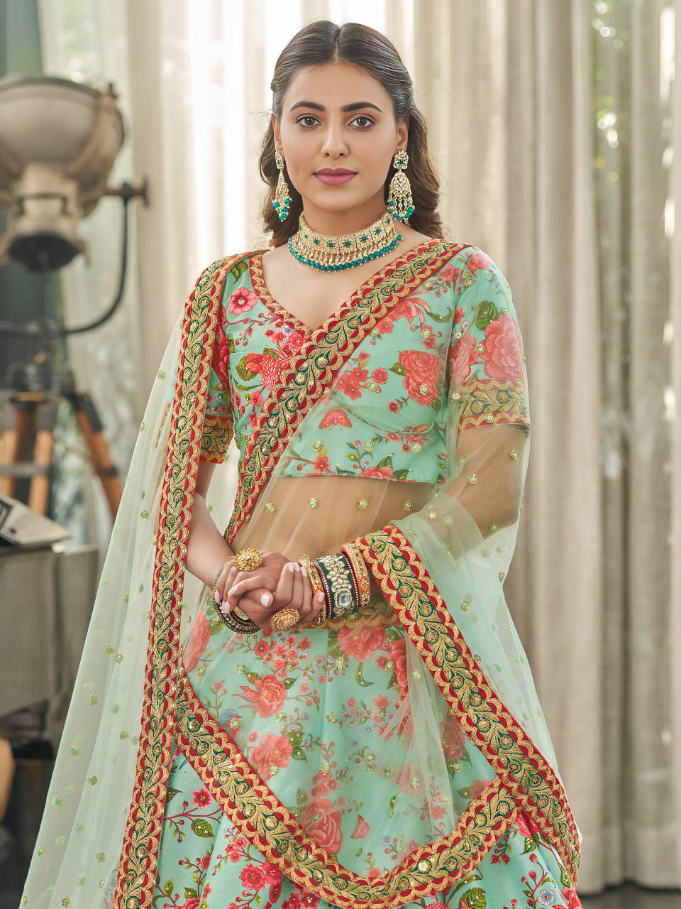Mint Green Floral Art Silk Lehenga Choli Set, Dori Zari Sequins Embroidered Dupatta