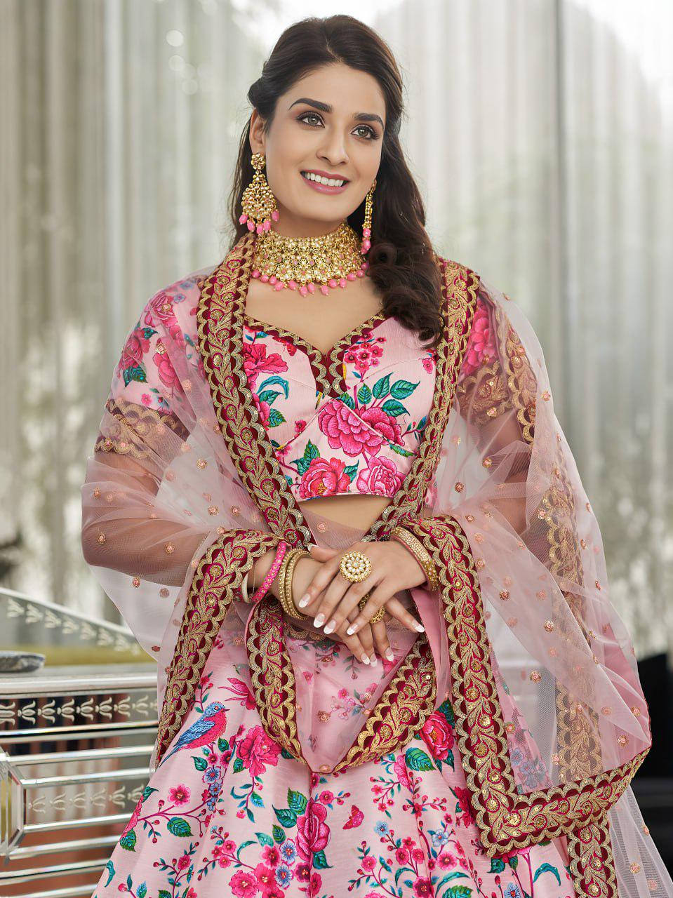 Blush Pink Floral Art Silk Lehenga Choli Set, Dori Zari Sequins Embroidery Net Dupatta