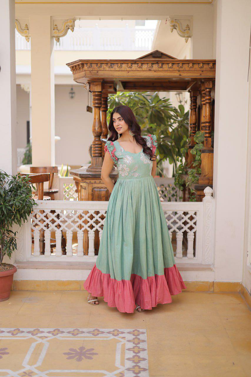 Cotton Anarkali Gown, Sequins Beads Embroidery, Festive Party Dress