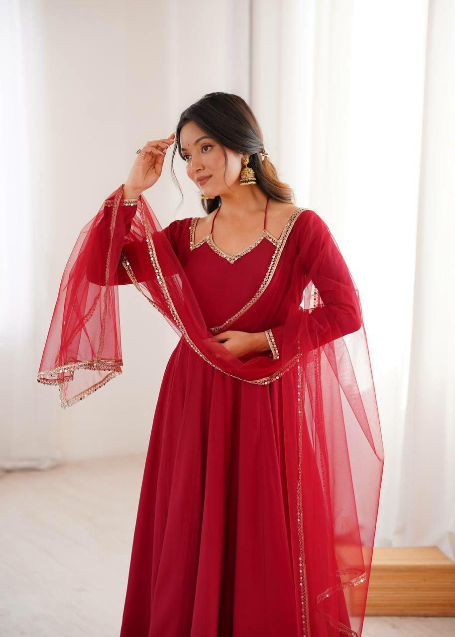 Roman Silk Chanderi Anarkali Suit Set with Net Dupatta, Designer Indian Wedding Outfit