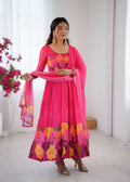 Organza Silk Anarkali Suit Set, Digital Print Dupatta, 14 Kali Gown, Festive Indian Outfit