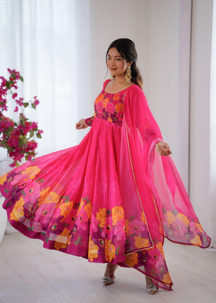 Organza Silk Anarkali Suit Set, Digital Print Dupatta, 14 Kali Gown, Festive Indian Outfit