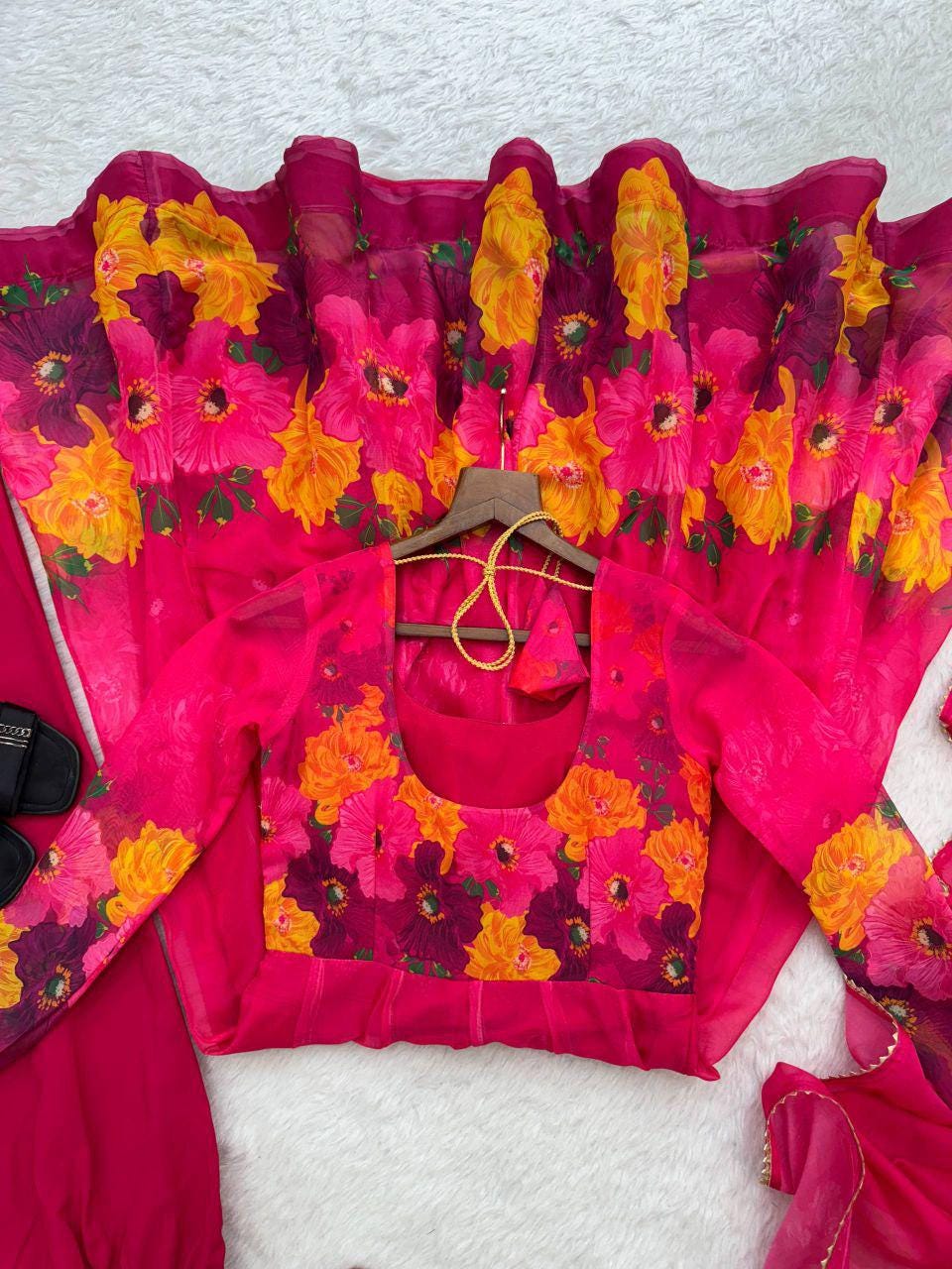 Organza Silk Anarkali Suit Set, Digital Print Dupatta, 14 Kali Gown, Festive Indian Outfit