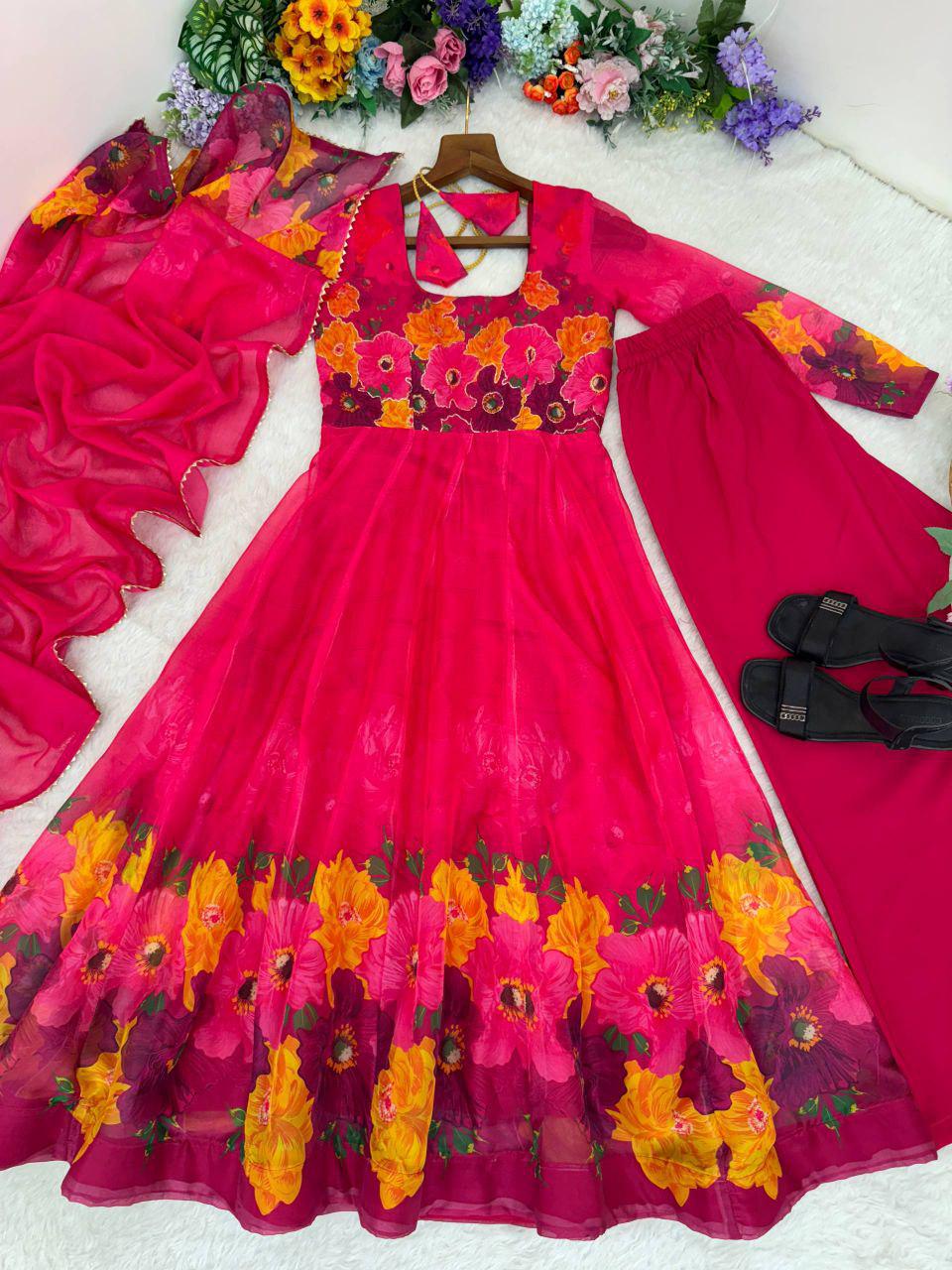 Organza Silk Anarkali Suit Set, Digital Print Dupatta, 14 Kali Gown, Festive Indian Outfit