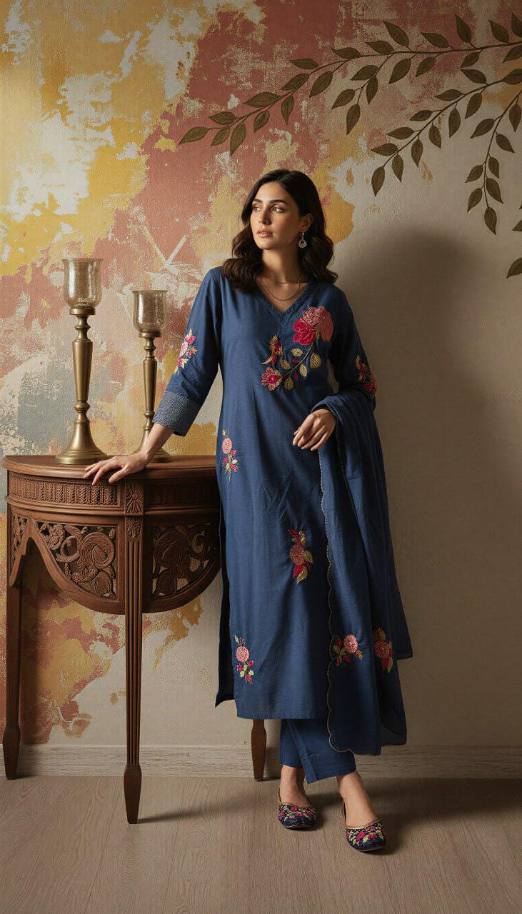 Embroidered Chanderi Silk Kurta Pant Set with Dupatta, Indian Ethnic Festive Wear