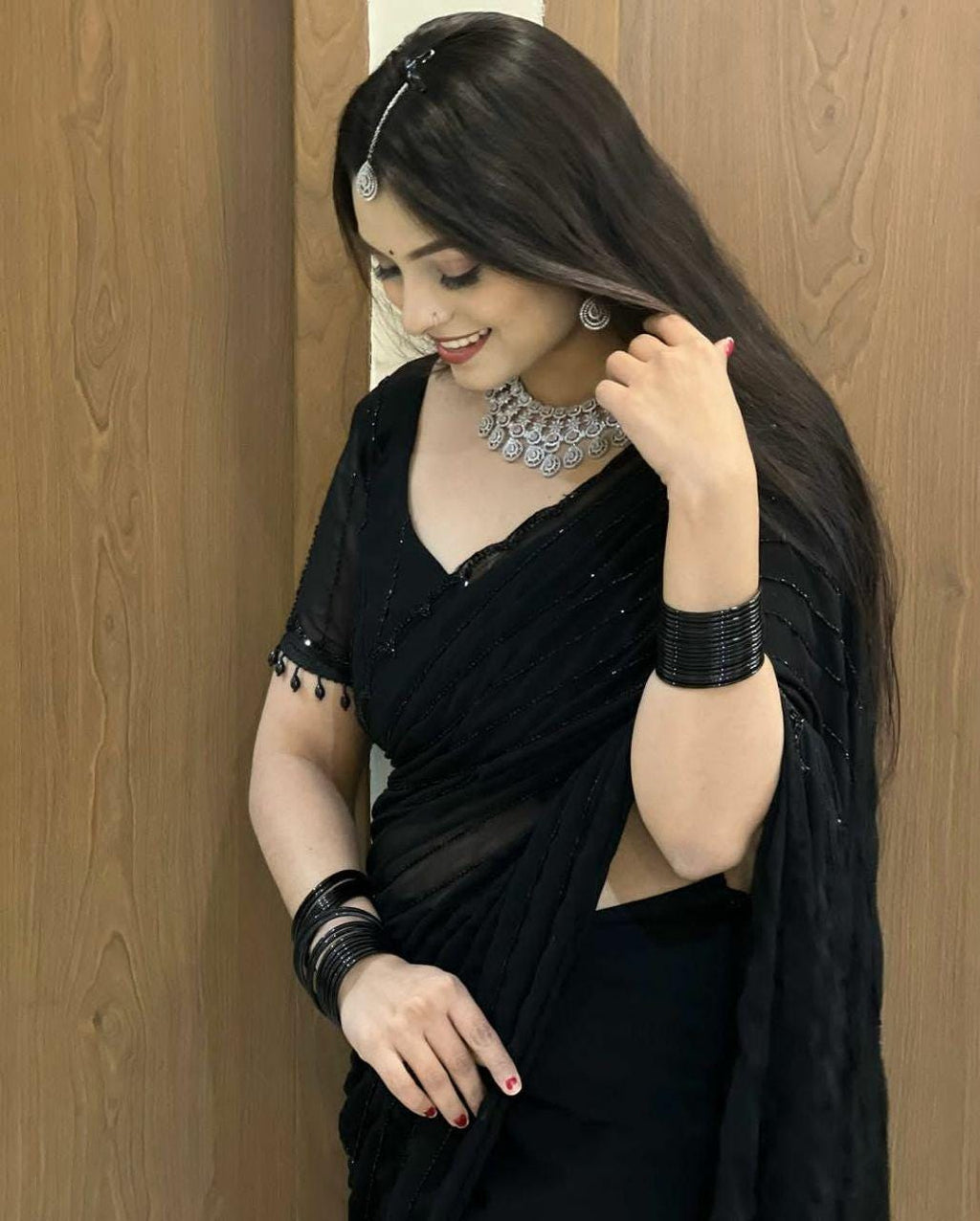 Black Crepe Saree, Printed Design, Party Wear, Festive Occasion, Unstitched Blouse