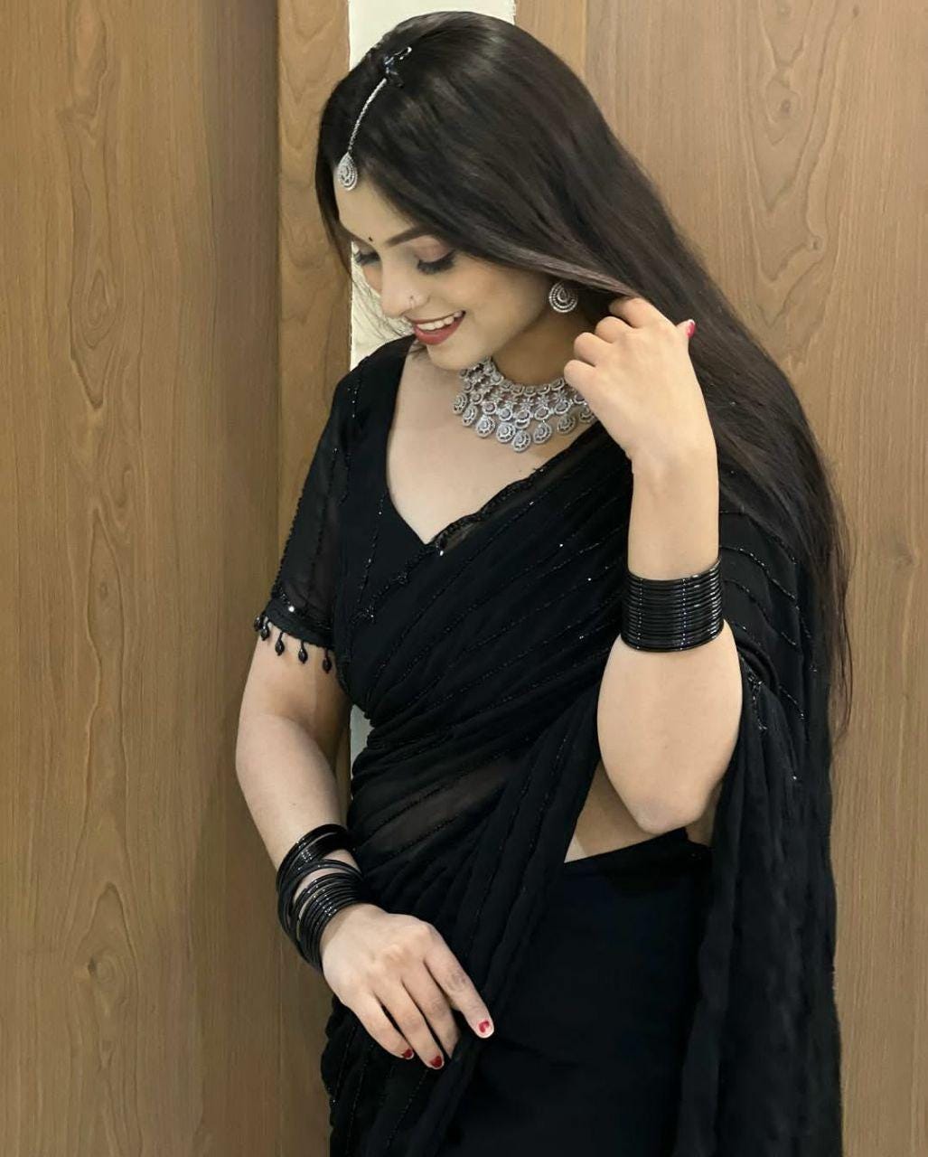 Black Crepe Saree, Printed Design, Party Wear, Festive Occasion, Unstitched Blouse