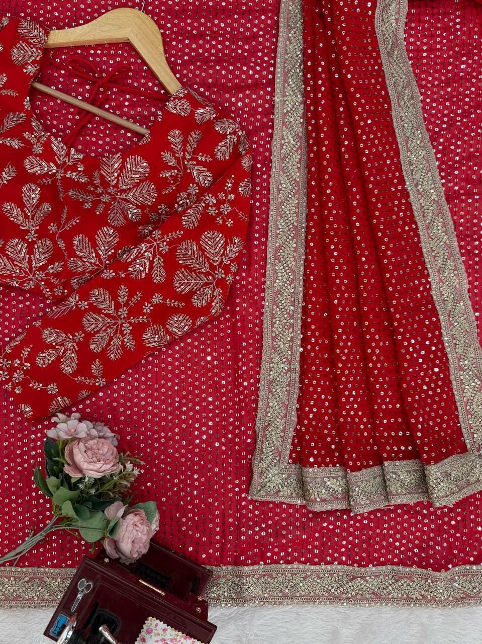 Red Faux Georgette Saree, Sequins Embroidery, Designer Party Wear, Wedding (Unstitched Blouse)