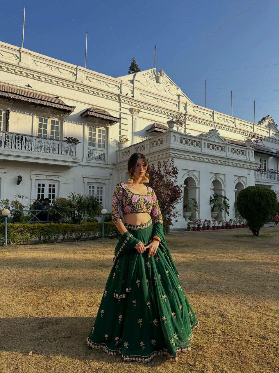 Green Fox Georgette Lehenga Choli, Sequins Embroidery, 4 Meter Flare Wedding Set