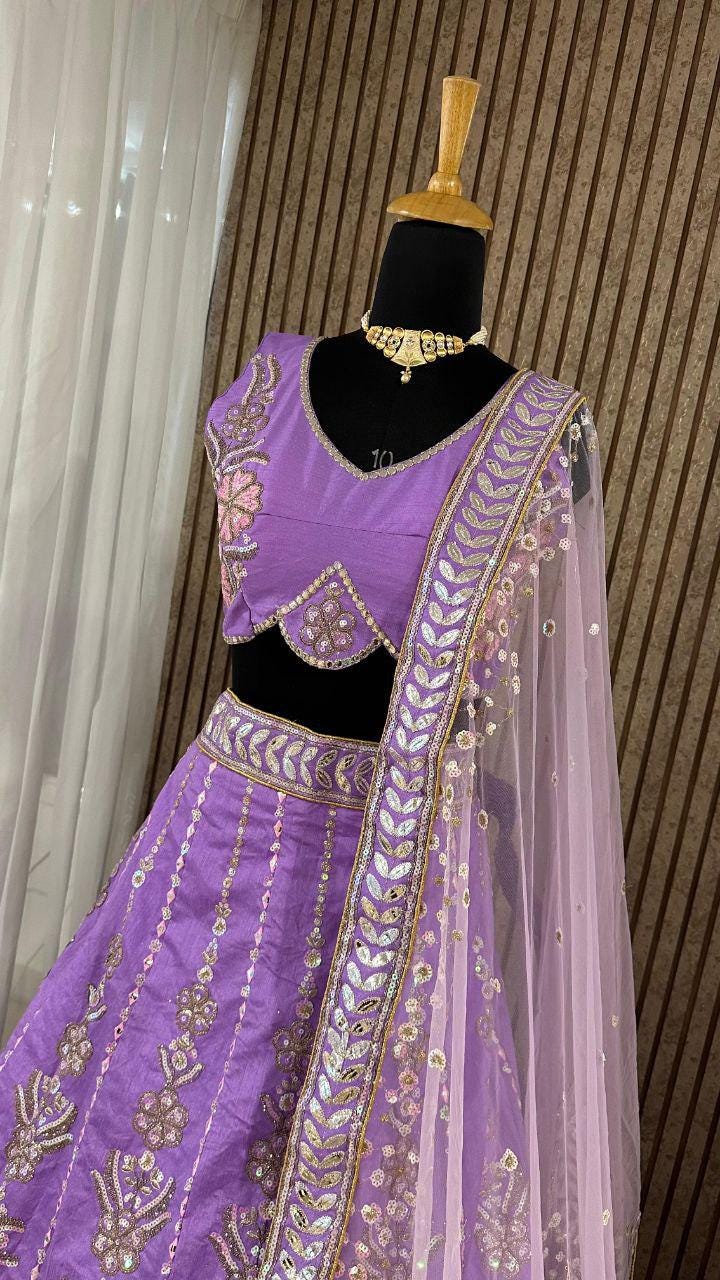 Slub Silk Lehenga Choli, Rainbow Sequins, Dori Embroidery, Net Dupatta, Wedding Wear