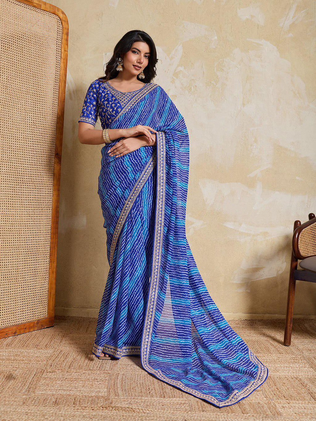 Georgette Bandhej Laheriya Saree with Embroidered Blouse, Festive Wedding Wear