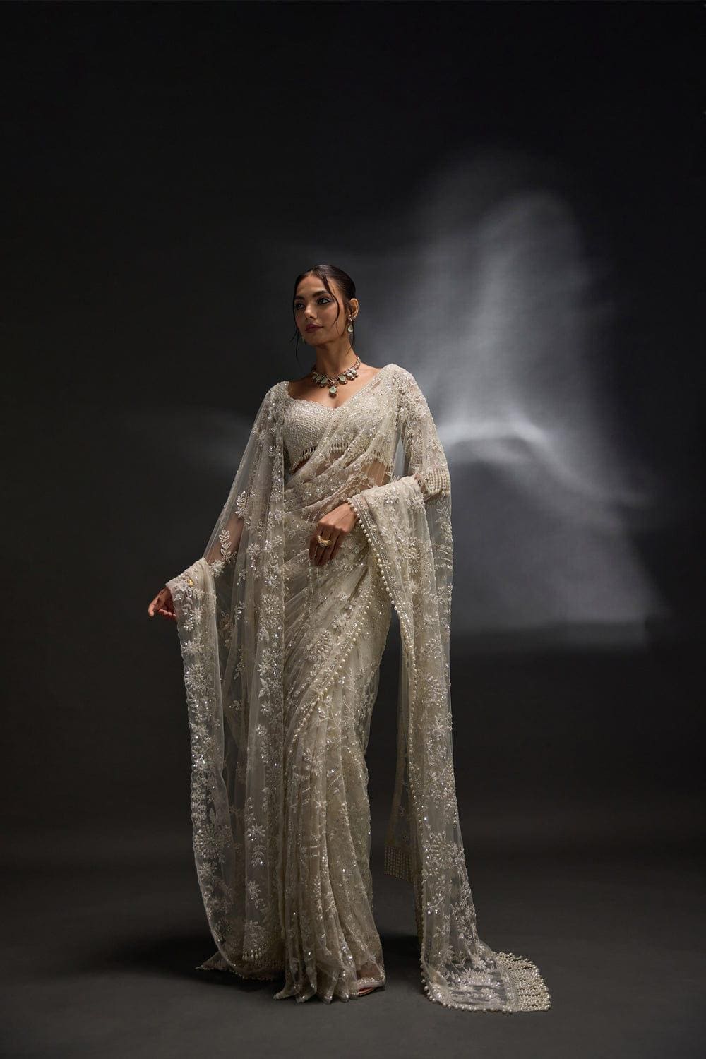 Heavy Sequins Embroidered Mono Net Saree with Pearl Border, Designer Blouse Included