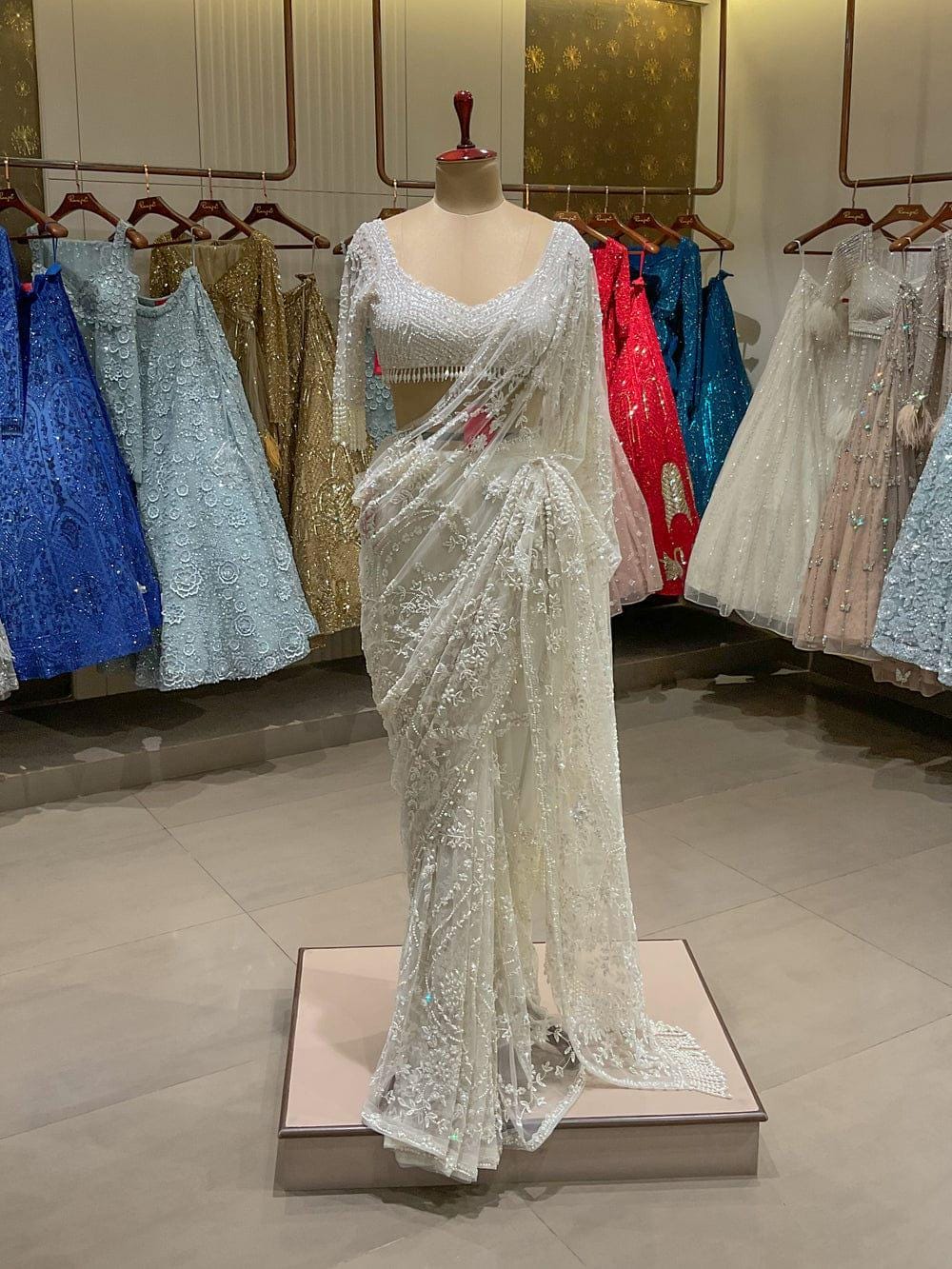 Heavy Sequins Embroidered Mono Net Saree with Pearl Border, Designer Blouse Included