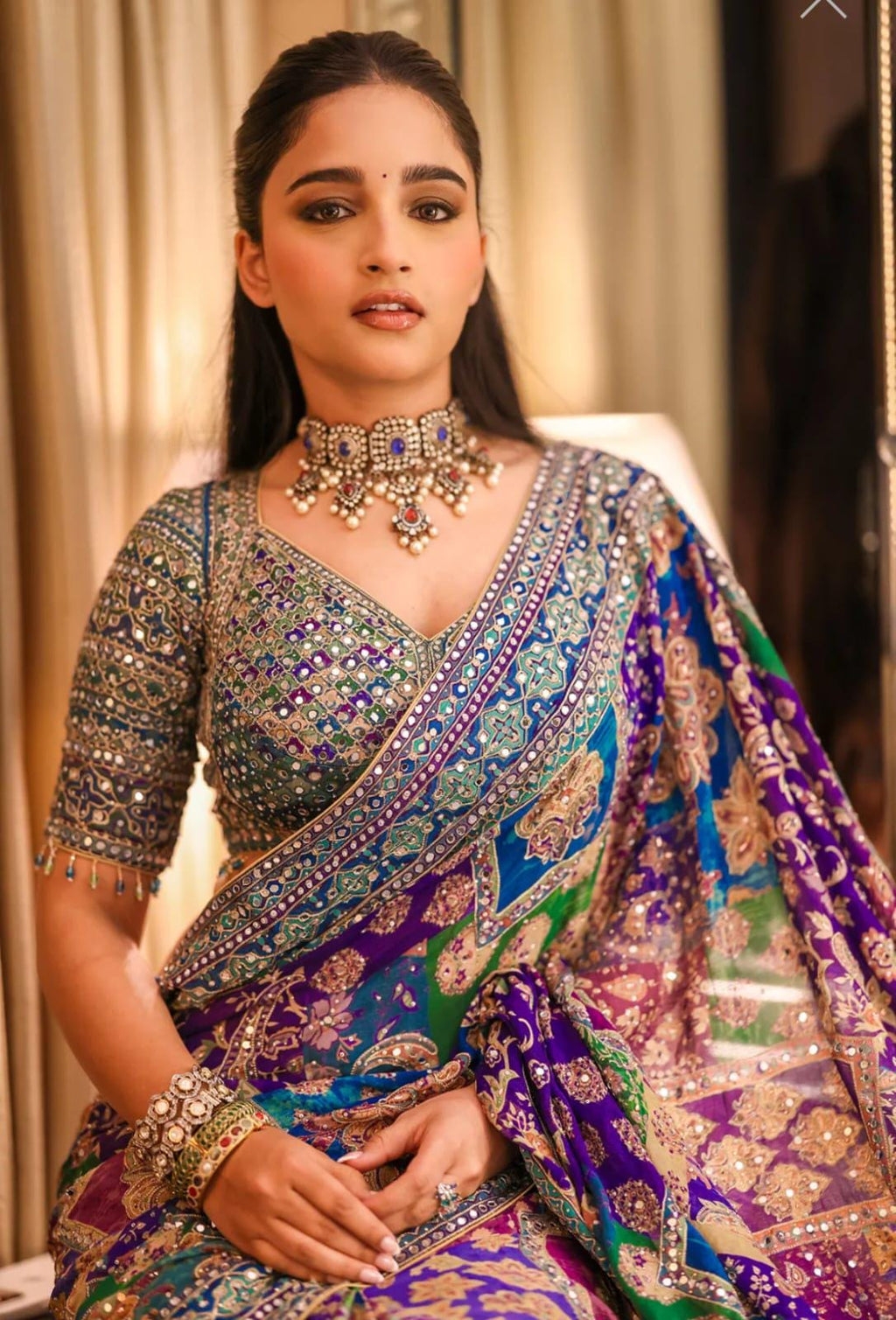 Chinon Silk Saree, Real Mirror Work, Printed Designer, Festive Party Wear (Unstitched Blouse)