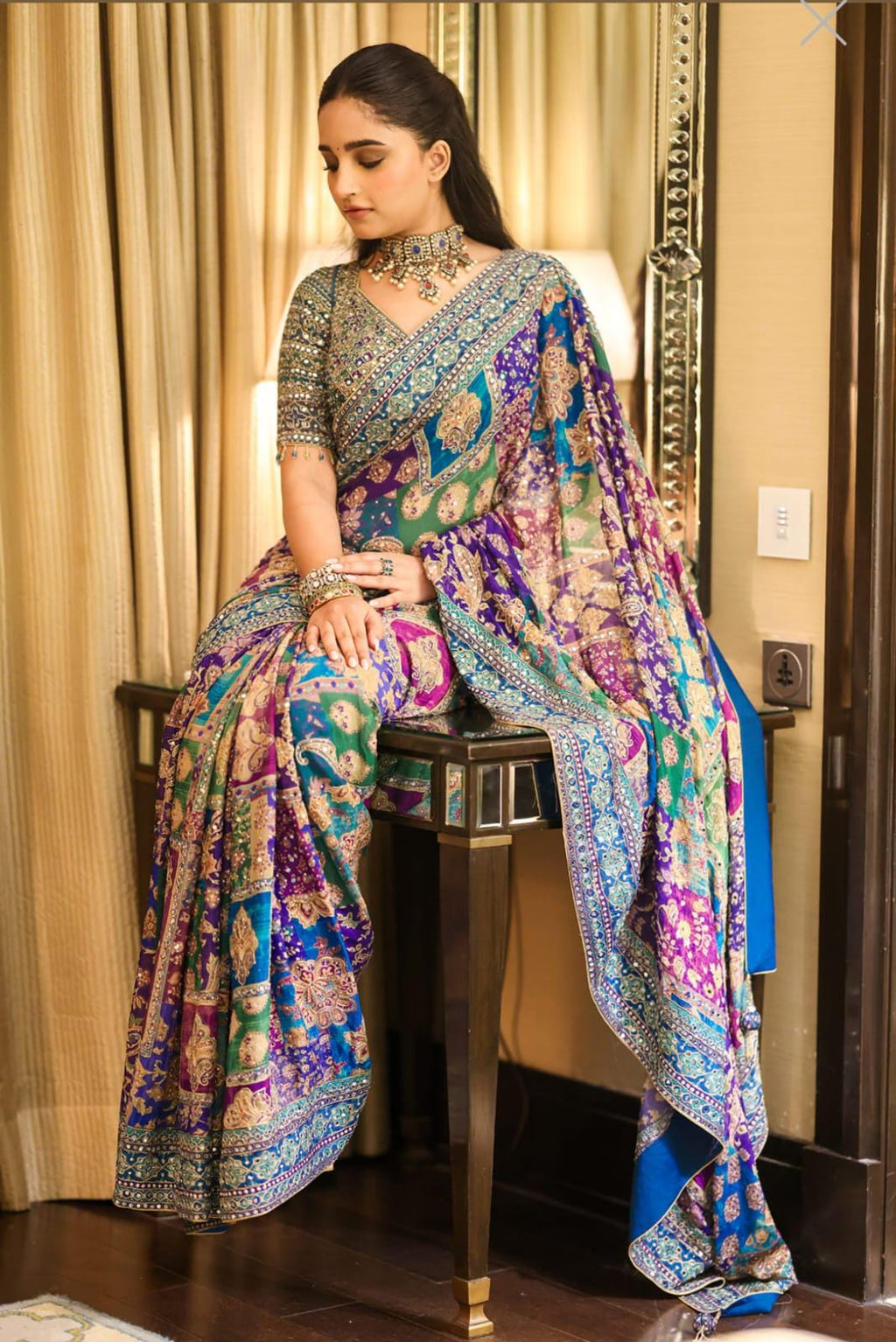 Chinon Silk Saree, Real Mirror Work, Printed Designer, Festive Party Wear (Unstitched Blouse)