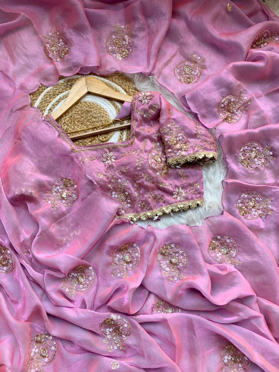 Space Silk Saree with Embroidery Beads Work, Ready-to-Wear, Stitched Blouse, Festive Occasion