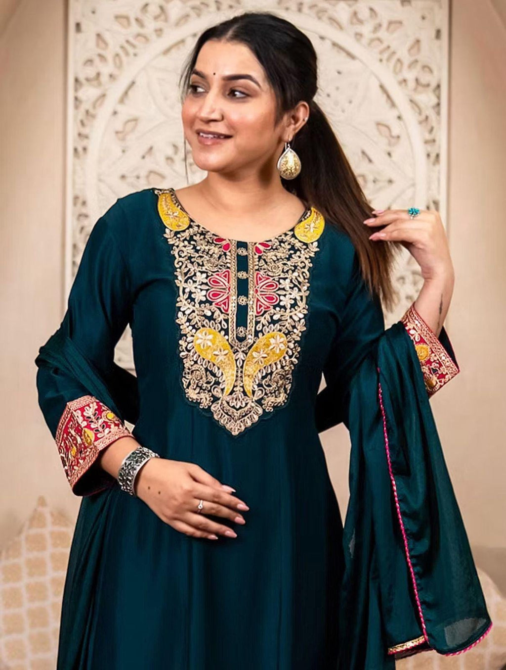 Embroidered Vichitra Silk Kurta Set with Dupatta, Festive Ethnic Party Wear Indian Outfit